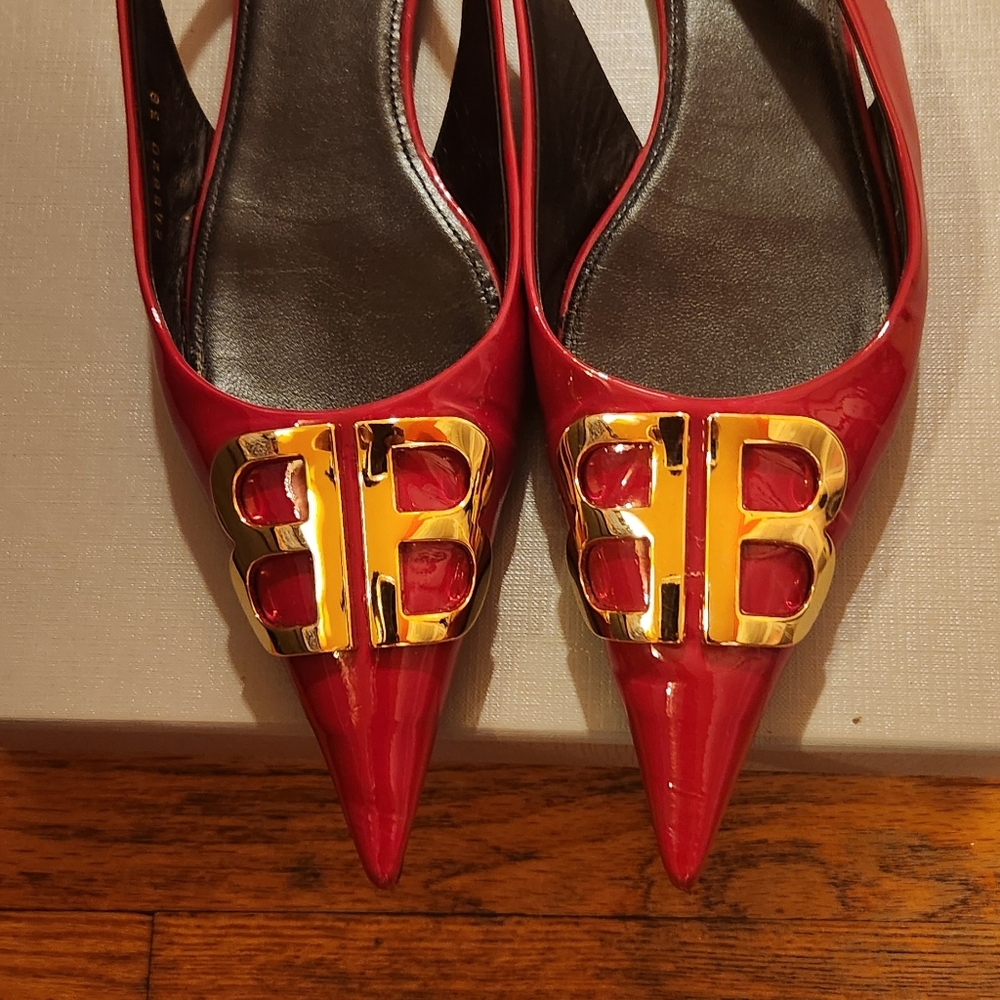 Balenciaga Red Patent Pointed Toe Flats with Gold BB Hardware